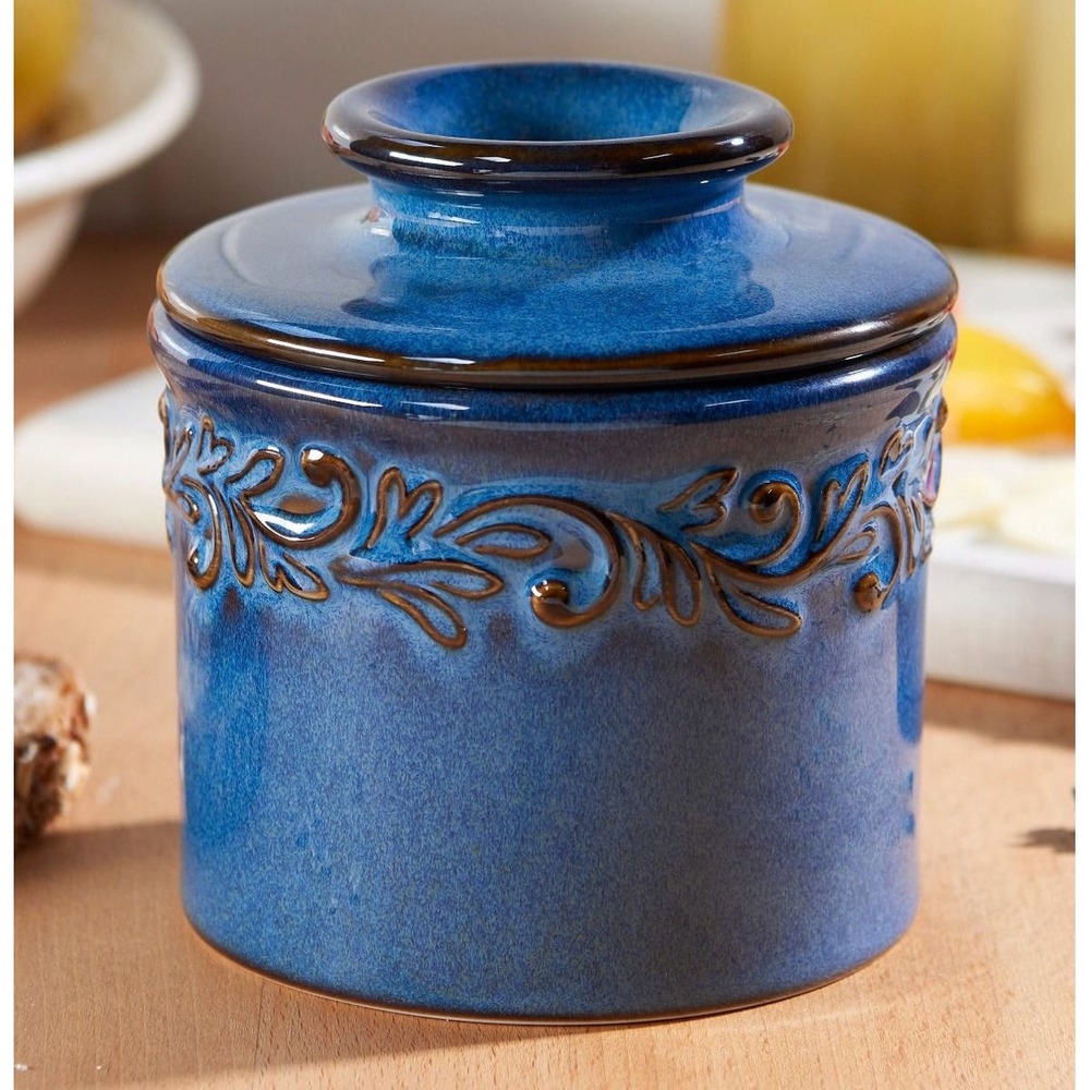 Original Butter Bell Crock Denim Blue Reactive Glaze Floral Scroll Farmhouse